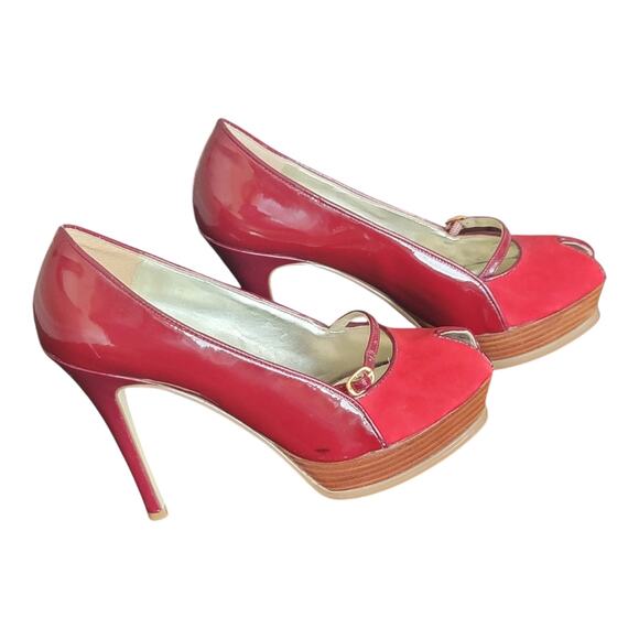 Guess By Marciano High Heels Red Suede Leather Peep Toe Women's US 6.5M - Picture 2 of 11